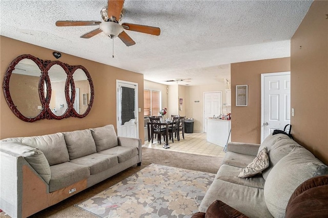 1135 Misty Meadows Way, Hampton, GA 30229 - living area with ceiling fan, light carpet, and a textured ceiling