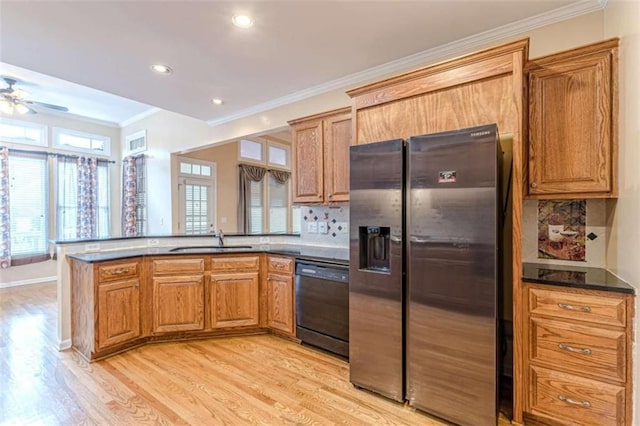 5170 Stone Croft Trl, Atlanta, GA 30331 - kitchen featuring tasteful backsplash, sink, light hardwood / wood-style flooring, stainless steel fridge with ice dispenser, and black dishwasher
