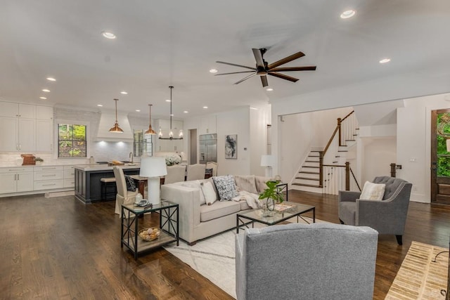 1461 Bubbling Creek Rd NE, Brookhaven, GA 30319 - living room with stairway, recessed lighting, dark wood-type flooring, and ceiling fan