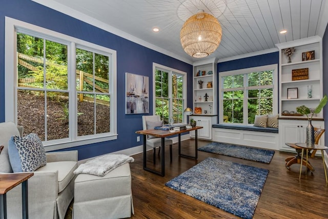 1461 Bubbling Creek Rd NE, Brookhaven, GA 30319 - home office featuring dark wood-style flooring, baseboards, built in shelves, recessed lighting, and ornamental molding