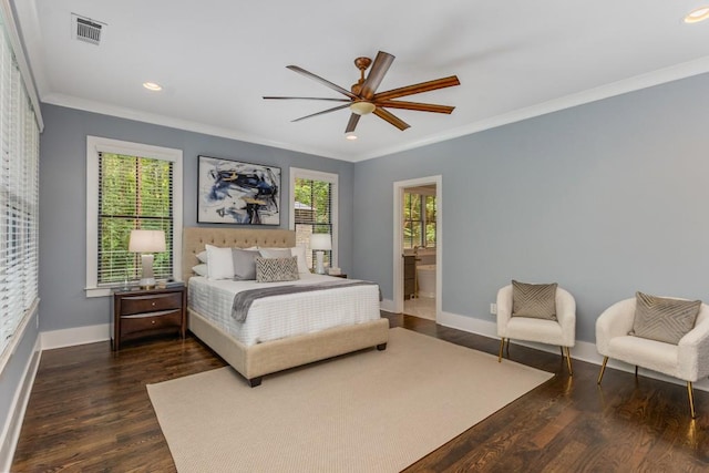 1461 Bubbling Creek Rd NE, Brookhaven, GA 30319 - bedroom with crown molding, baseboards, dark wood-style floors, recessed lighting, and a ceiling fan