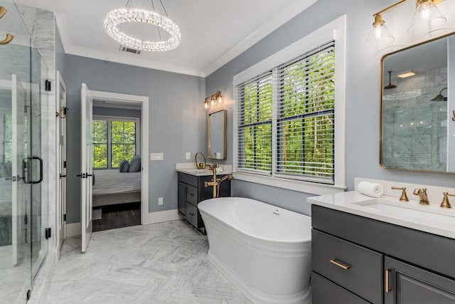 1461 Bubbling Creek Rd NE, Brookhaven, GA 30319 - full bathroom with a shower stall, two vanities, a freestanding tub, a chandelier, and baseboards