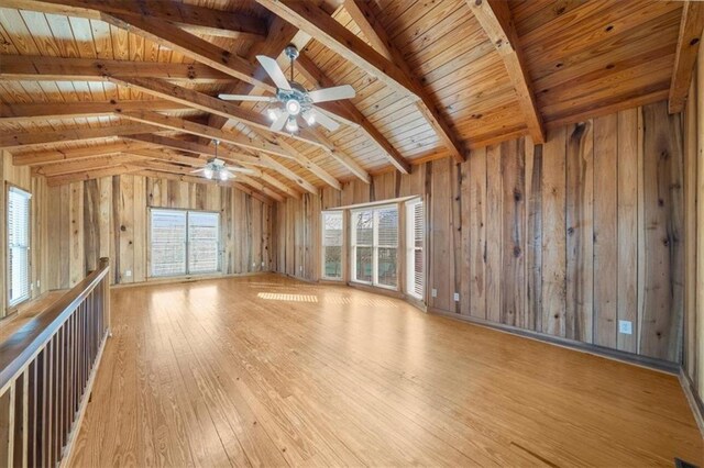 unfurnished living room featuring hardwood / wood-style floors, lofted ceiling with beams, a ceiling fan, and wood walls