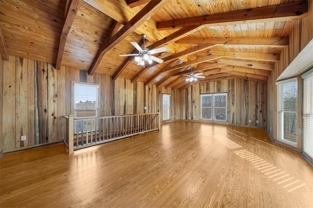 unfurnished living room featuring lofted ceiling with beams, wood finished floors, wood walls, wood ceiling, and ceiling fan