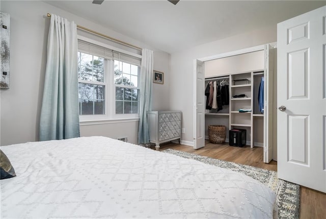 bedroom with hardwood / wood-style flooring, ceiling fan, and a closet