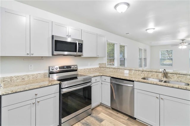 kitchen with white cabinets, sink, light hardwood / wood-style flooring, appliances with stainless steel finishes, and kitchen peninsula