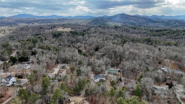bird's eye view with a wooded view and a mountain view