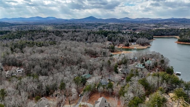 drone / aerial view featuring a water and mountain view and a view of trees