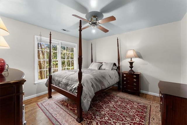 bedroom with ceiling fan and light wood-type flooring