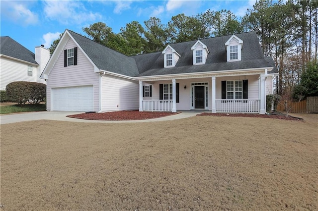 cape cod house featuring a garage, driveway, a porch, and roof with shingles