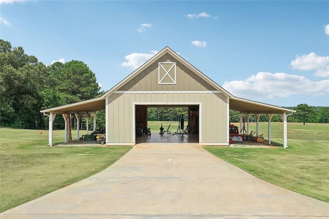 view of property's community with a yard and an outdoor structure