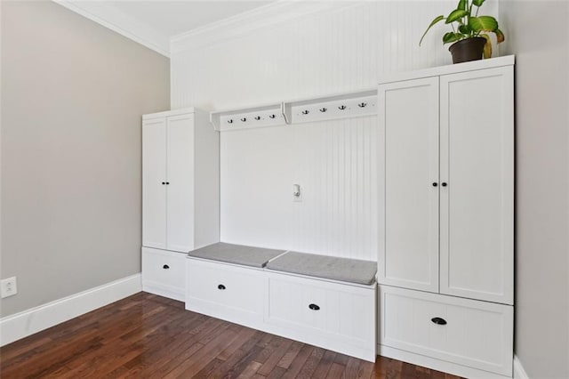 mudroom with dark hardwood / wood-style flooring and ornamental molding