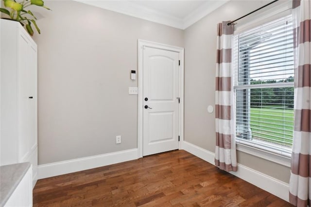 foyer with ornamental molding and dark wood-type flooring