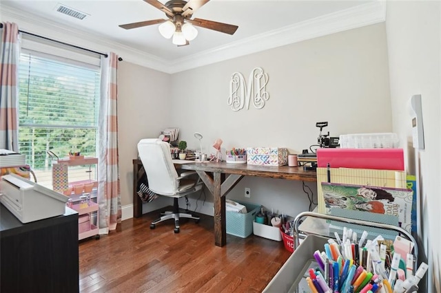 office space with ceiling fan, dark wood-type flooring, and ornamental molding