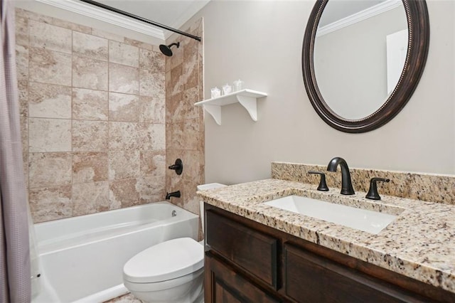 full bathroom featuring vanity, toilet, ornamental molding, and shower / tub combo