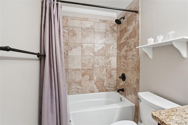 bathroom featuring toilet and shower / bath combination with curtain