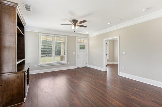 unfurnished living room featuring ornamental molding, ceiling fan, and dark hardwood / wood-style flooring