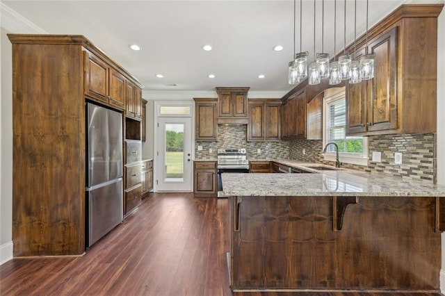 kitchen with sink, kitchen peninsula, ornamental molding, dark hardwood / wood-style flooring, and stainless steel appliances