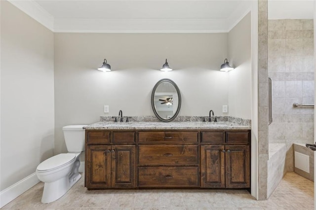 bathroom with toilet, tile patterned flooring, vanity, and ornamental molding