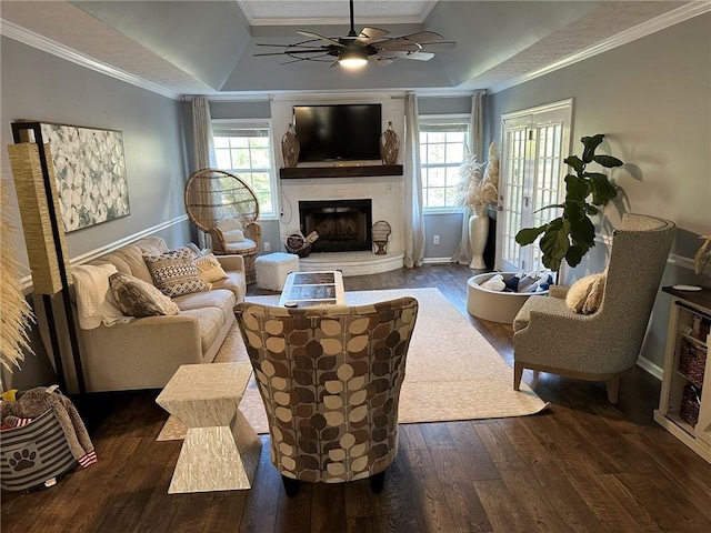 living room with a raised ceiling, ceiling fan, and crown molding