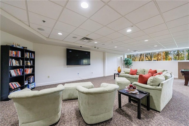 living area with carpet floors, recessed lighting, and baseboards