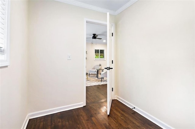 corridor featuring dark hardwood / wood-style flooring and ornamental molding