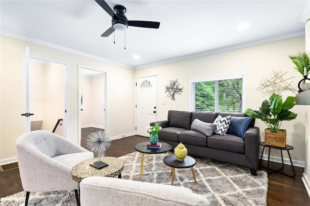 living room featuring dark wood-type flooring, ceiling fan, and crown molding