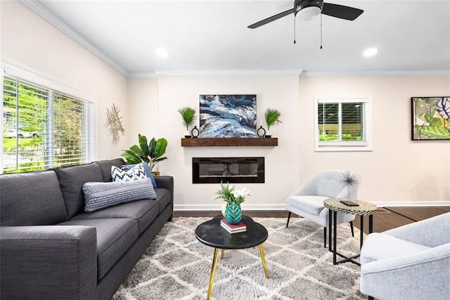 living room with hardwood / wood-style flooring, ceiling fan, and ornamental molding