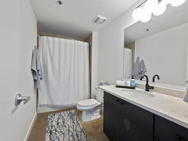 bathroom with a shower with shower curtain, visible vents, toilet, and vanity