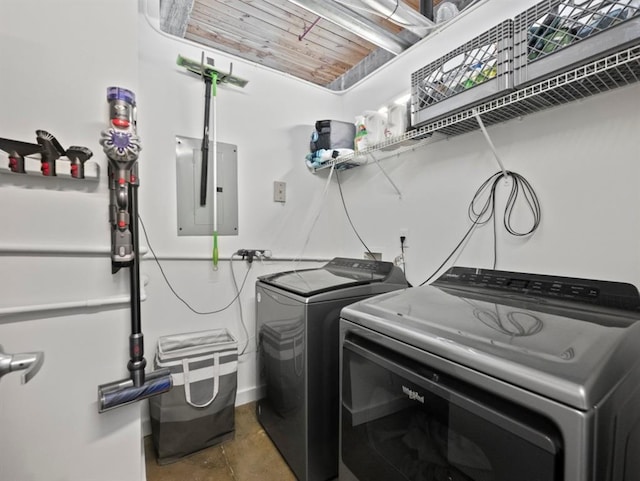 washroom with electric panel, laundry area, washer and dryer, and wood ceiling