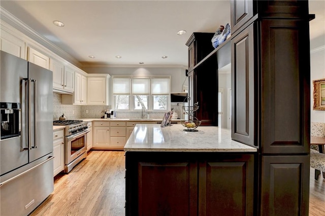 kitchen featuring high end appliances, crown molding, a sink, and light wood finished floors