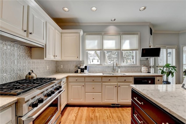 kitchen with black dishwasher, stainless steel range, light wood-style flooring, ornamental molding, and a sink