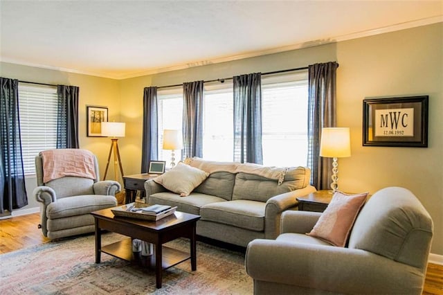living room with ornamental molding, wood finished floors, and baseboards