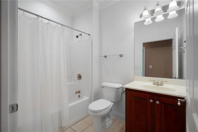 full bathroom featuring tile patterned flooring, crown molding, shower / bath combination with curtain, toilet, and vanity