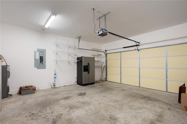 garage featuring electric panel, stainless steel fridge with ice dispenser, a garage door opener, and electric water heater