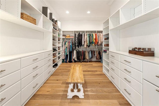 walk in closet featuring light hardwood / wood-style flooring