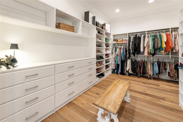 spacious closet featuring light hardwood / wood-style floors