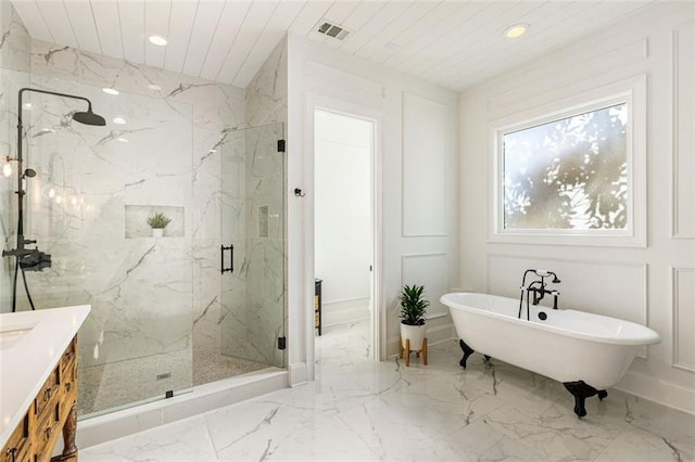 bathroom featuring independent shower and bath, vanity, and wood ceiling