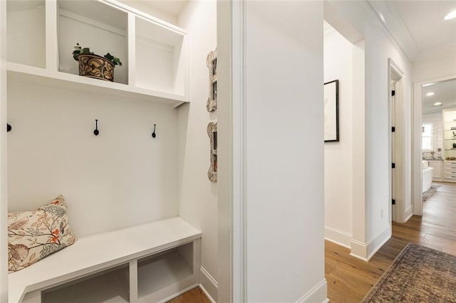 mudroom with crown molding and wood-type flooring