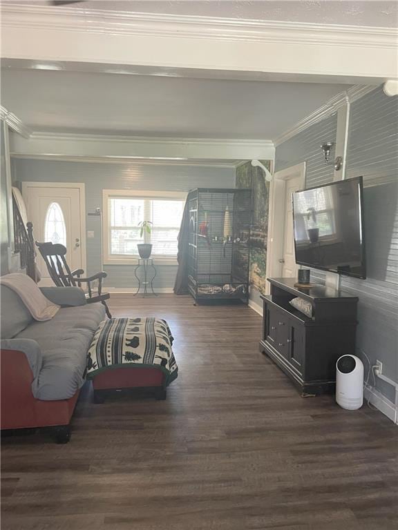 living room with ornamental molding, baseboards, and wood finished floors