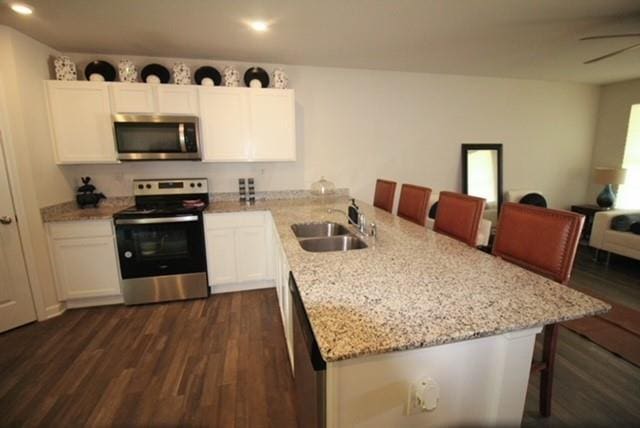 kitchen featuring a sink, dark wood finished floors, a peninsula, and stainless steel appliances