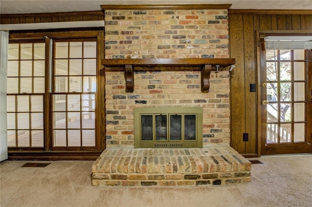 room details with wooden walls, carpet, and a fireplace