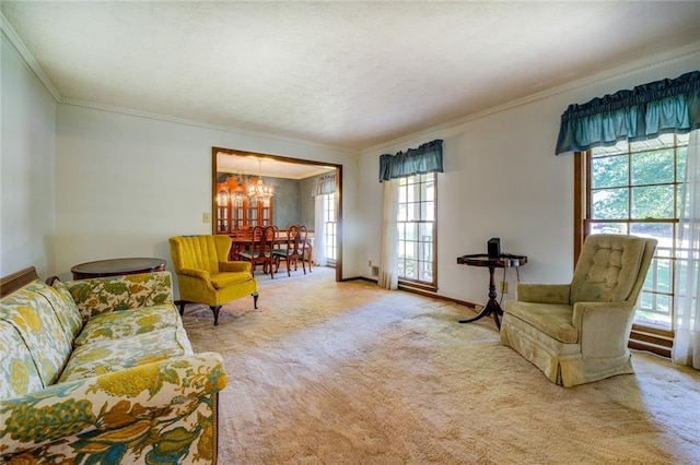 carpeted living room with an inviting chandelier and crown molding