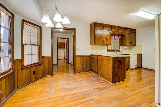 kitchen featuring hanging light fixtures, white dishwasher, plenty of natural light, and light wood-type flooring