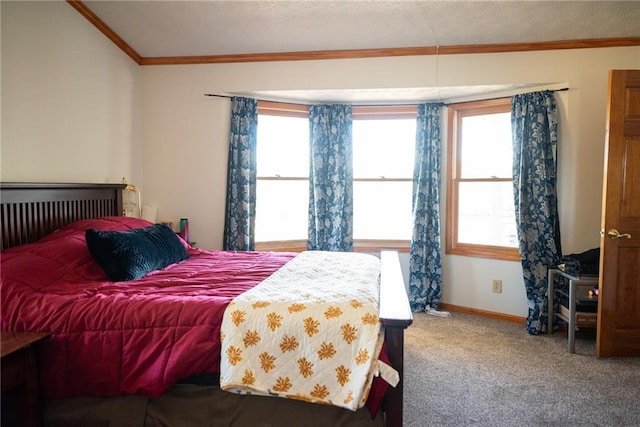 bedroom with carpet flooring and crown molding