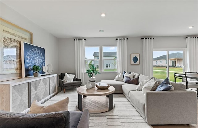 living room with plenty of natural light and light hardwood / wood-style floors