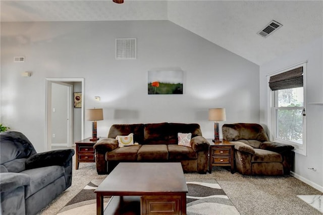 carpeted living room with lofted ceiling