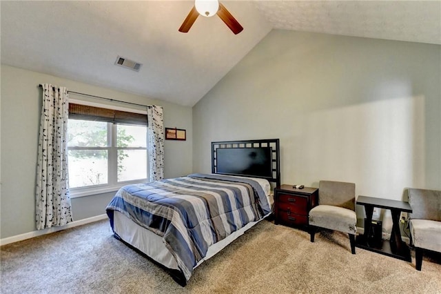 bedroom with lofted ceiling, carpet floors, and ceiling fan