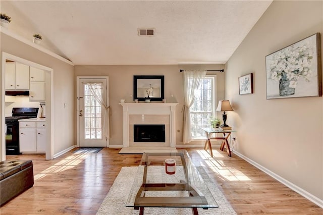 living area featuring light wood-style floors, lofted ceiling, visible vents, and a fireplace with raised hearth