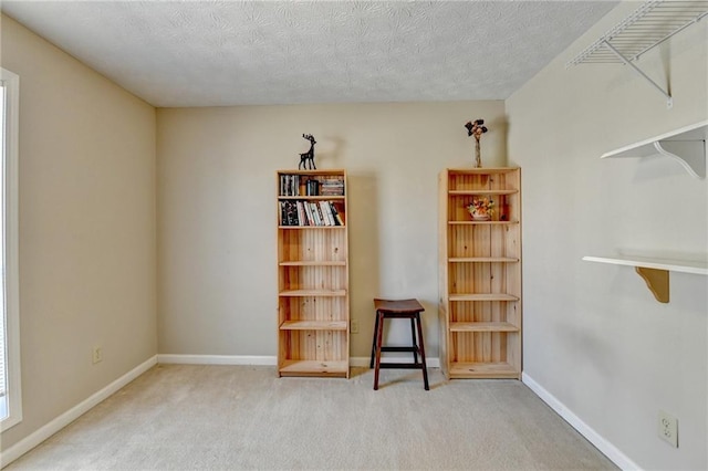 interior space with a textured ceiling, carpet flooring, and baseboards